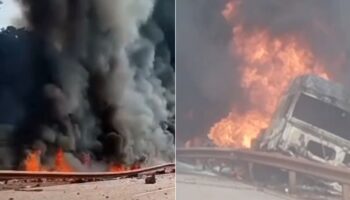 Urgente: batida entre caminhões causa incêndio, interdita a Fernão Dias e mata uma pessoa em MG