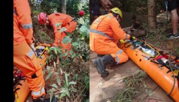 Mulher é resgatada de helicóptero após cair de 10 metros na Cachoeira da Jangada, na Grande BH