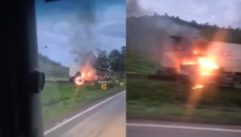 Carreta pega fogo após bater em barreira e interdita trecho da BR-381 na Grande BH
